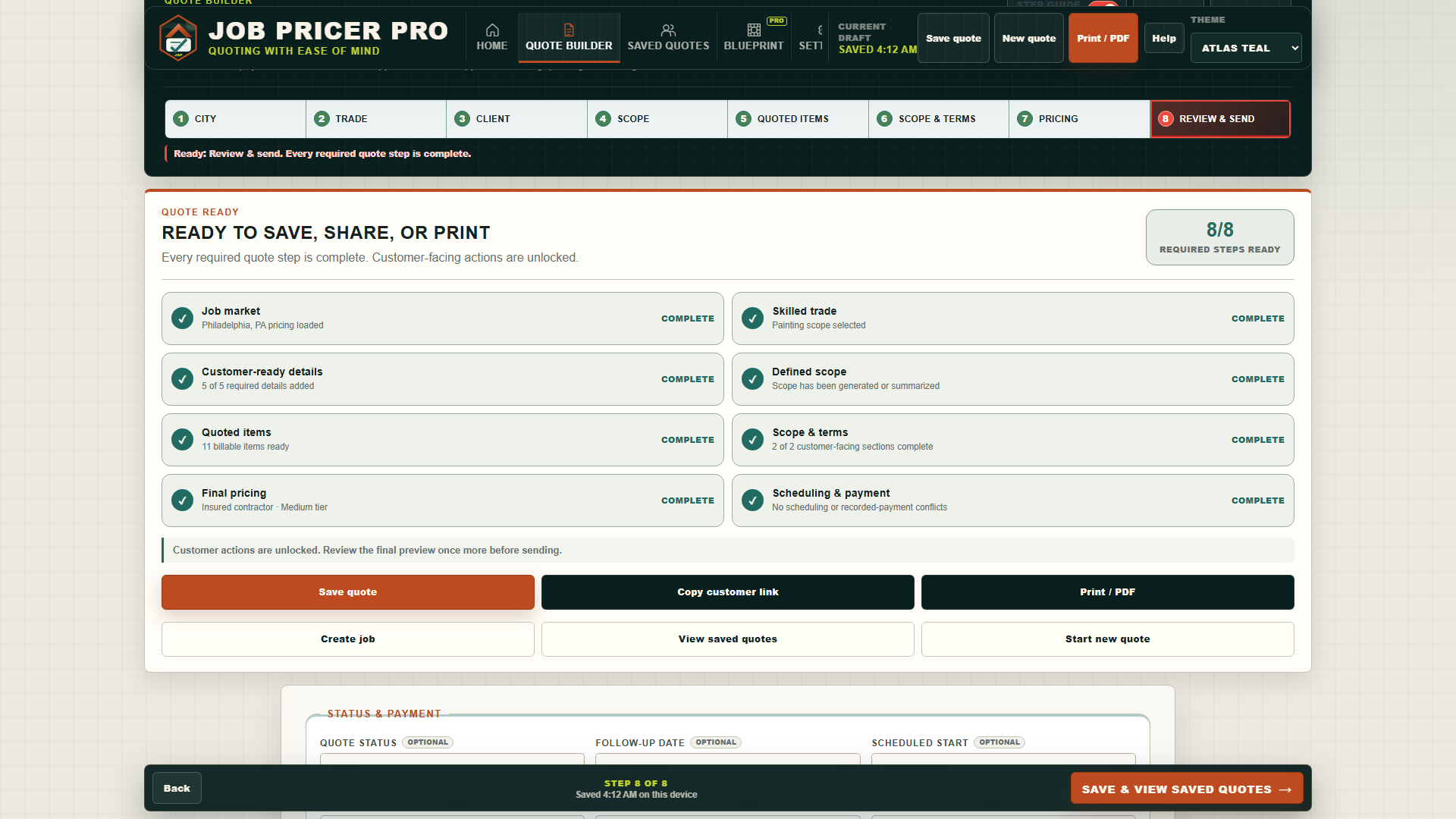 Job Pricer Pro quote builder showing a customer-ready quote review